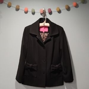 Betsey Johnson Black Bow Pocket Blazer with Leopard Lining